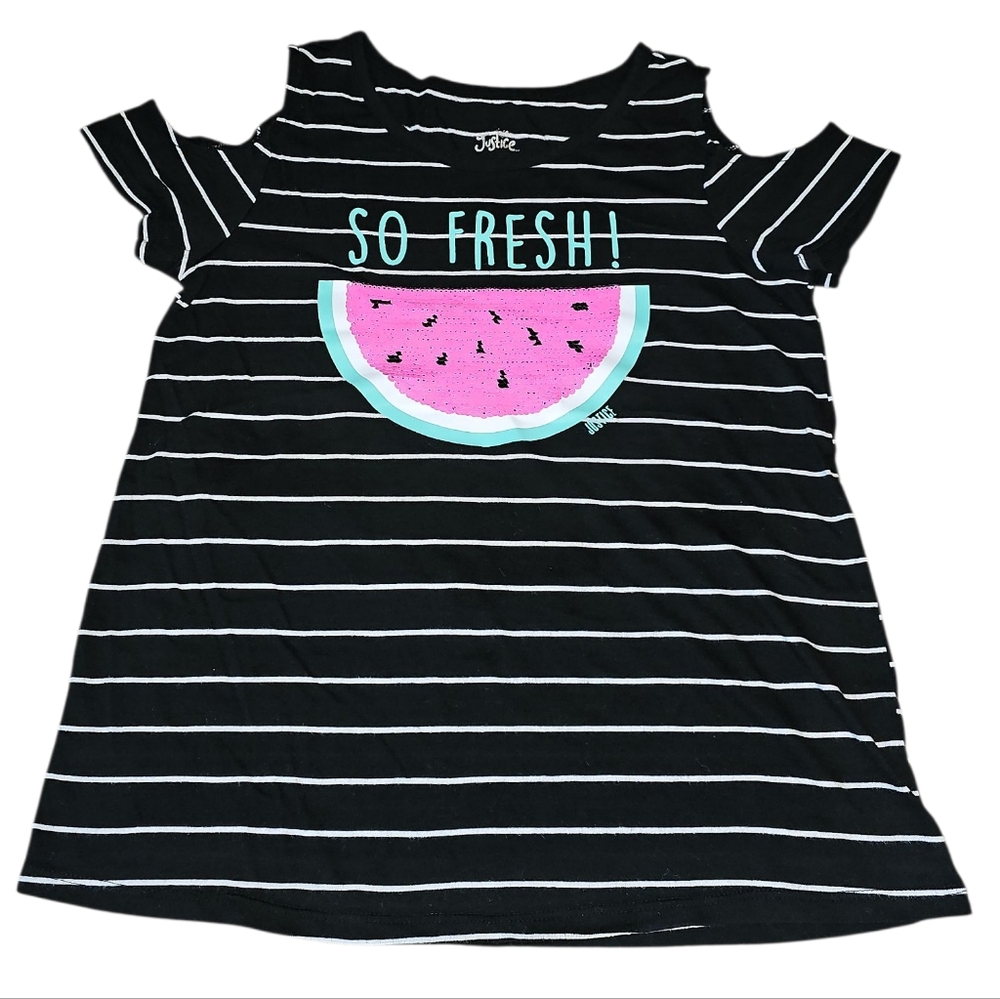 23. Justice Black and White Striped Cold Shoulder Top